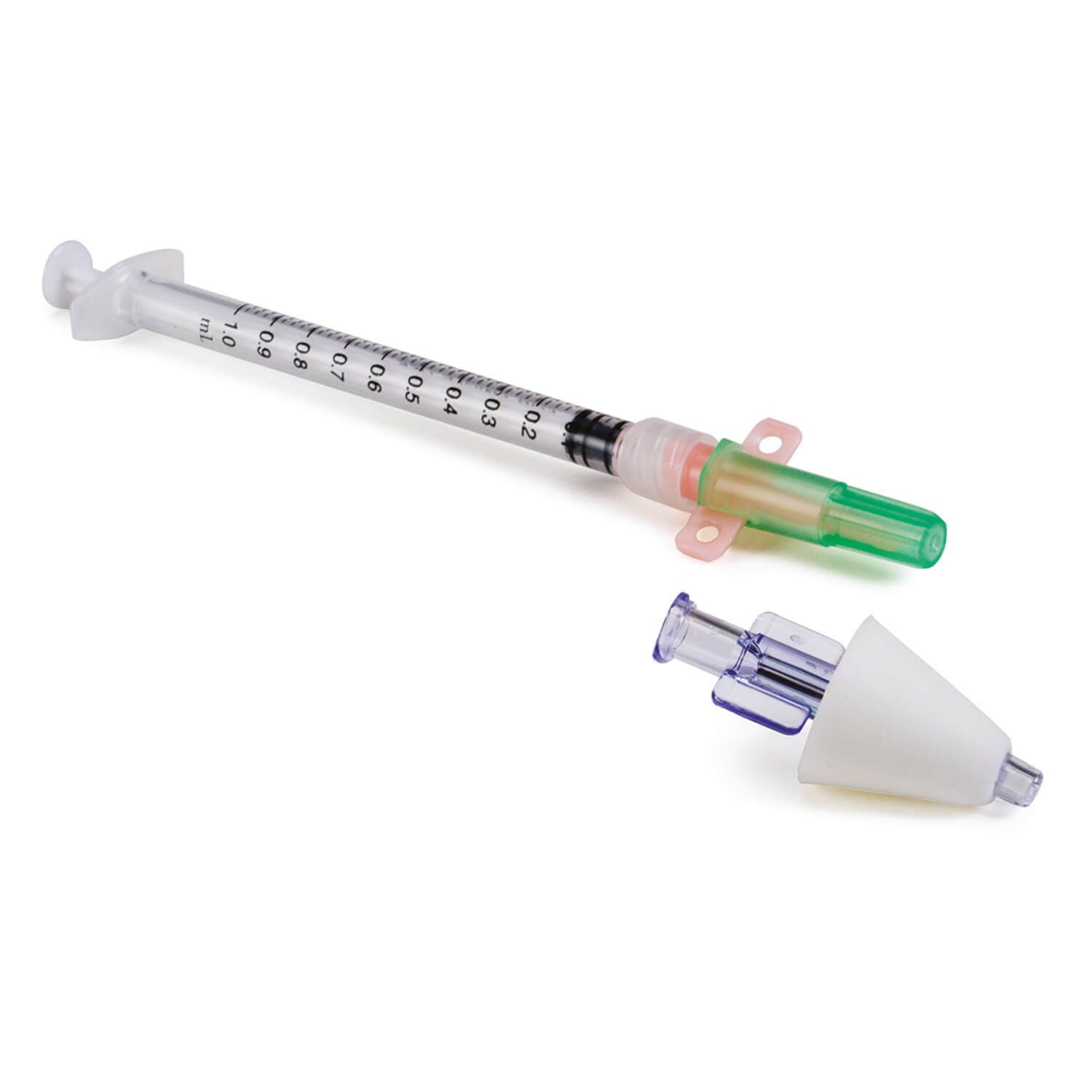 Spritze mit Skala und Nasenapplikator. Grüne Spitze, rosa Halterung. Separater, weißer Nasenkonus.