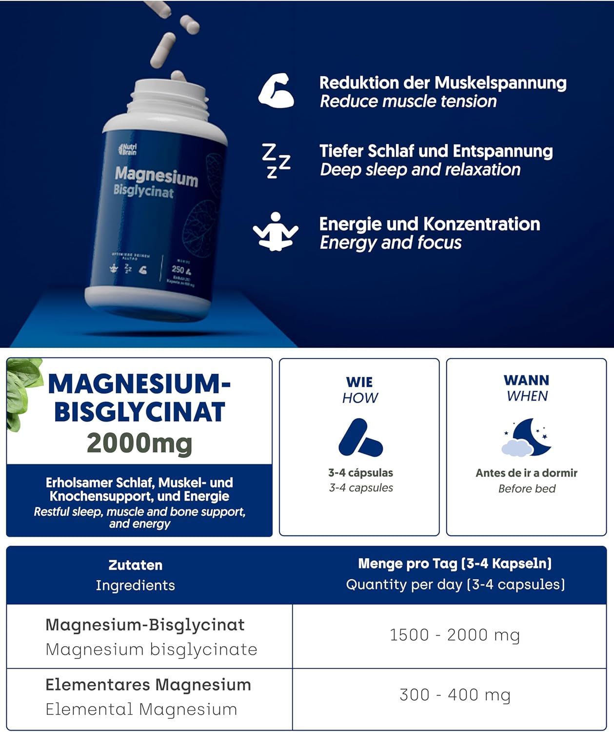 Flasche Magnesium Bisglycinat 2000mg mit Kapseln. Beschreibt Vorteile wie Muskelentspannung, Schlaf und Energie.