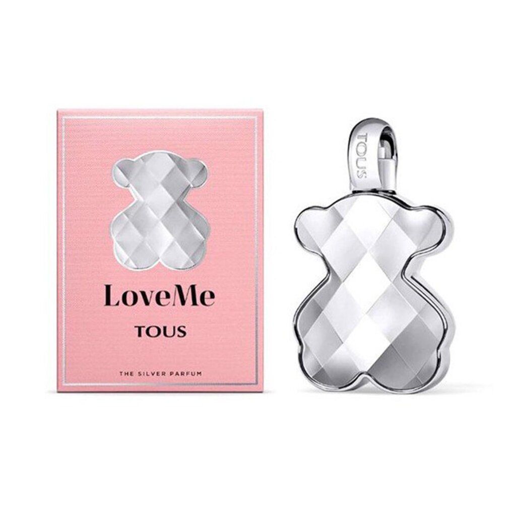 Rosa Verpackung und silberfarbener Flakon in Bärenform. Auf der Verpackung steht "LoveMe" und "TOUS".