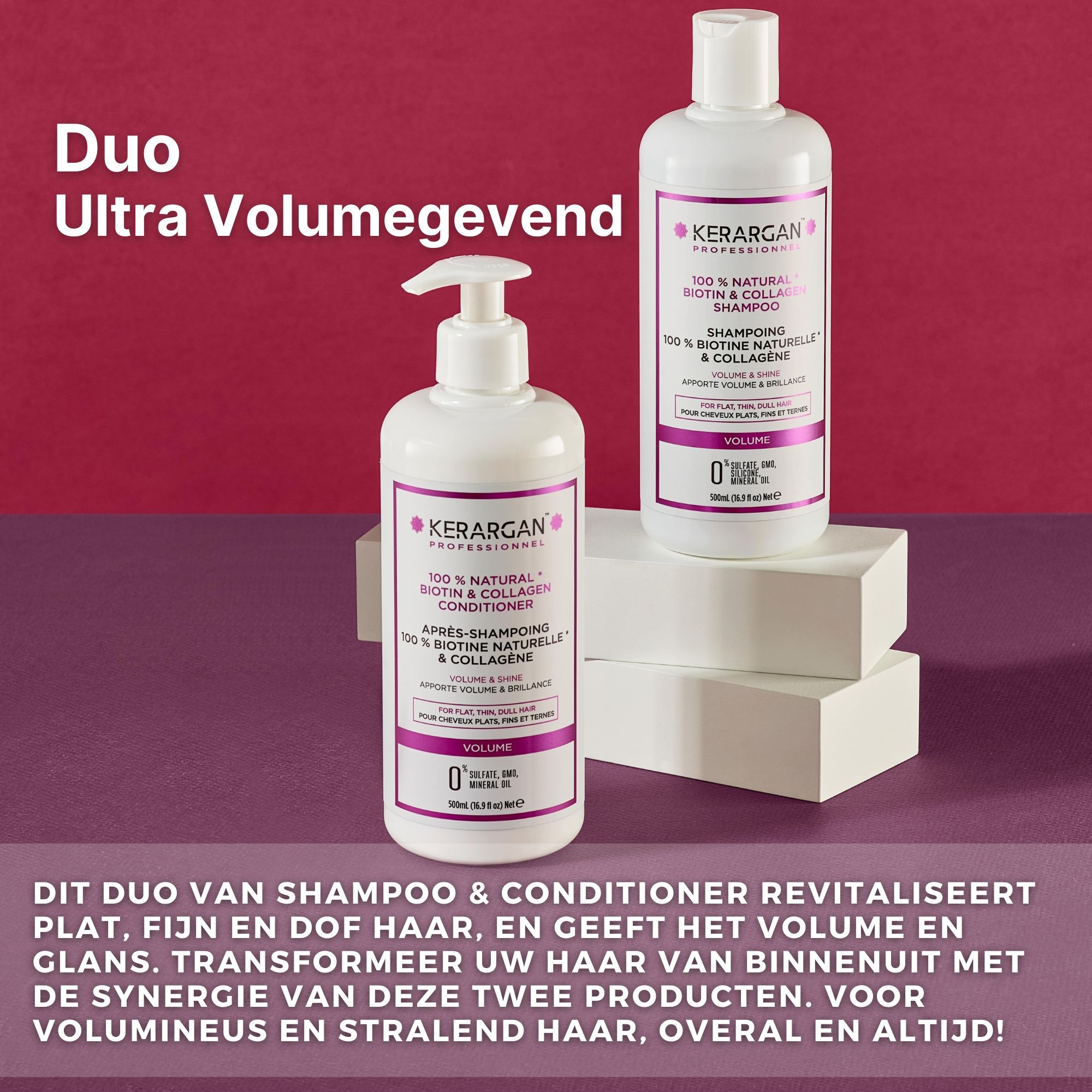 Duo-verpakking Kerargan shampoo & conditioner. Op witte sokkels. Tekst: Ultra Volume.