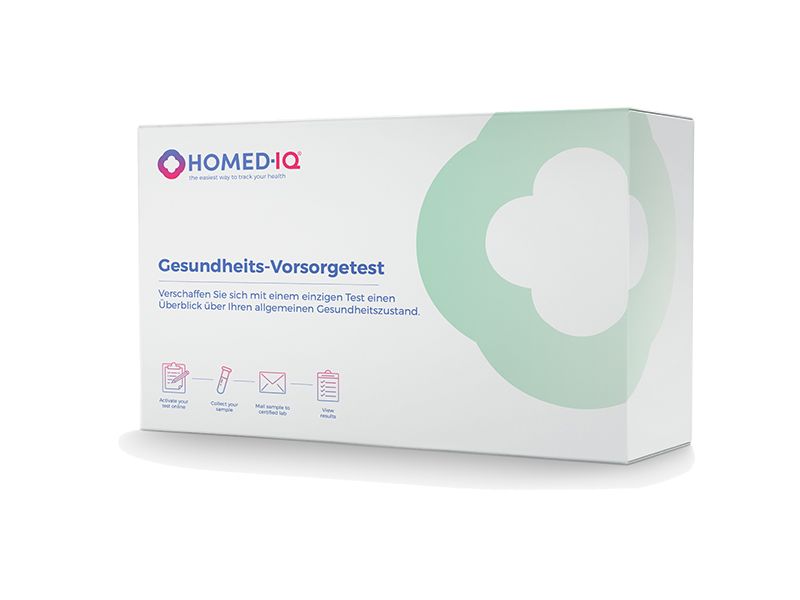 Weißer Karton mit Homed-IQ Logo und Schriftzug "Gesundheits-Vorsorgetest". Grün-weiße Verpackung mit Piktogrammen.