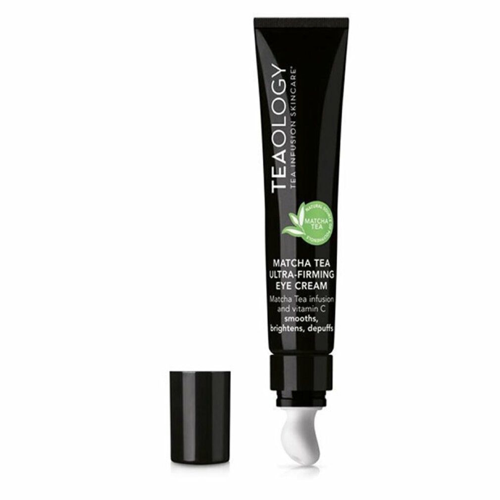 Schwarze Tube Augencreme mit geöffnetem Deckel. Aufschrift: Matcha Tea Ultra-Firming Eye Cream. Marke: TEAOLOGY.