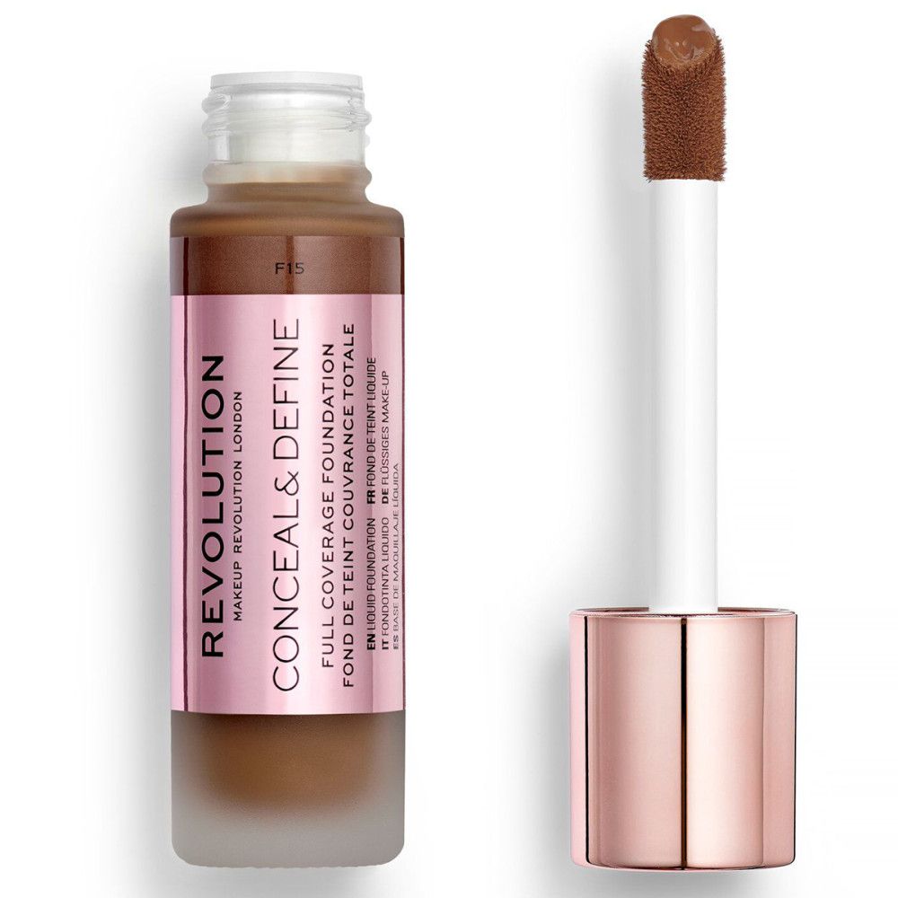 Flüssige Foundation in Glasflasche mit Applikator. Rosa Etikett mit Produktnamen und Marke. Deckel und Applikator in Roségold.