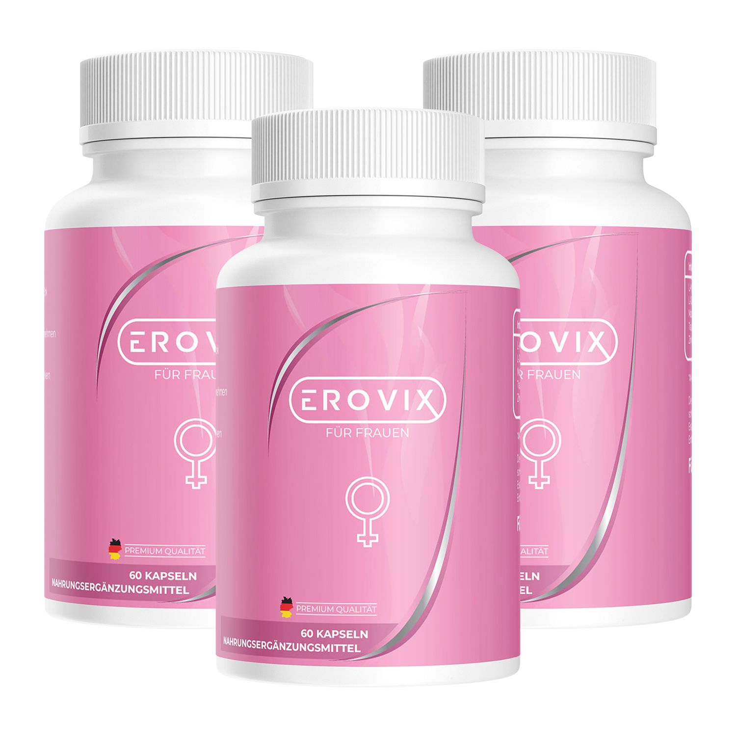 Drei Flaschen mit rosa Etiketten. Auf den Etiketten steht "EROVIX für Frauen" und ein weibliches Symbol. Jede Flasche enthält 60 Kapseln.