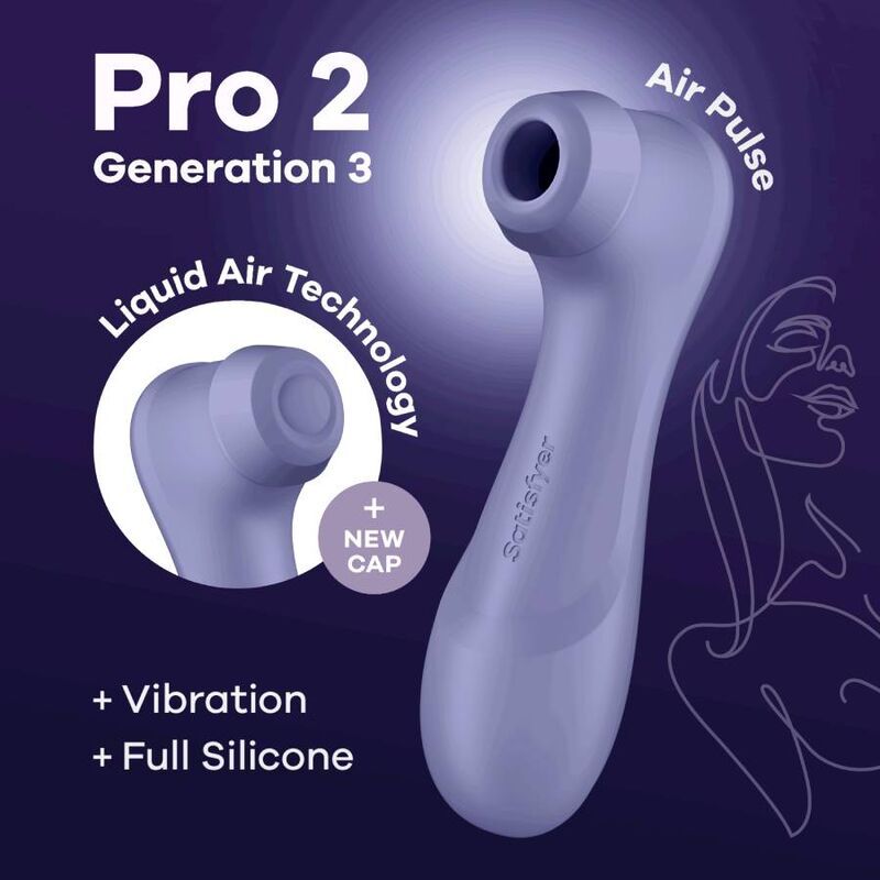 Lila Vibrator mit Illustration. Text: Pro 2 Generation 3, Liquid Air Technology, Vibration, Full Silicone.