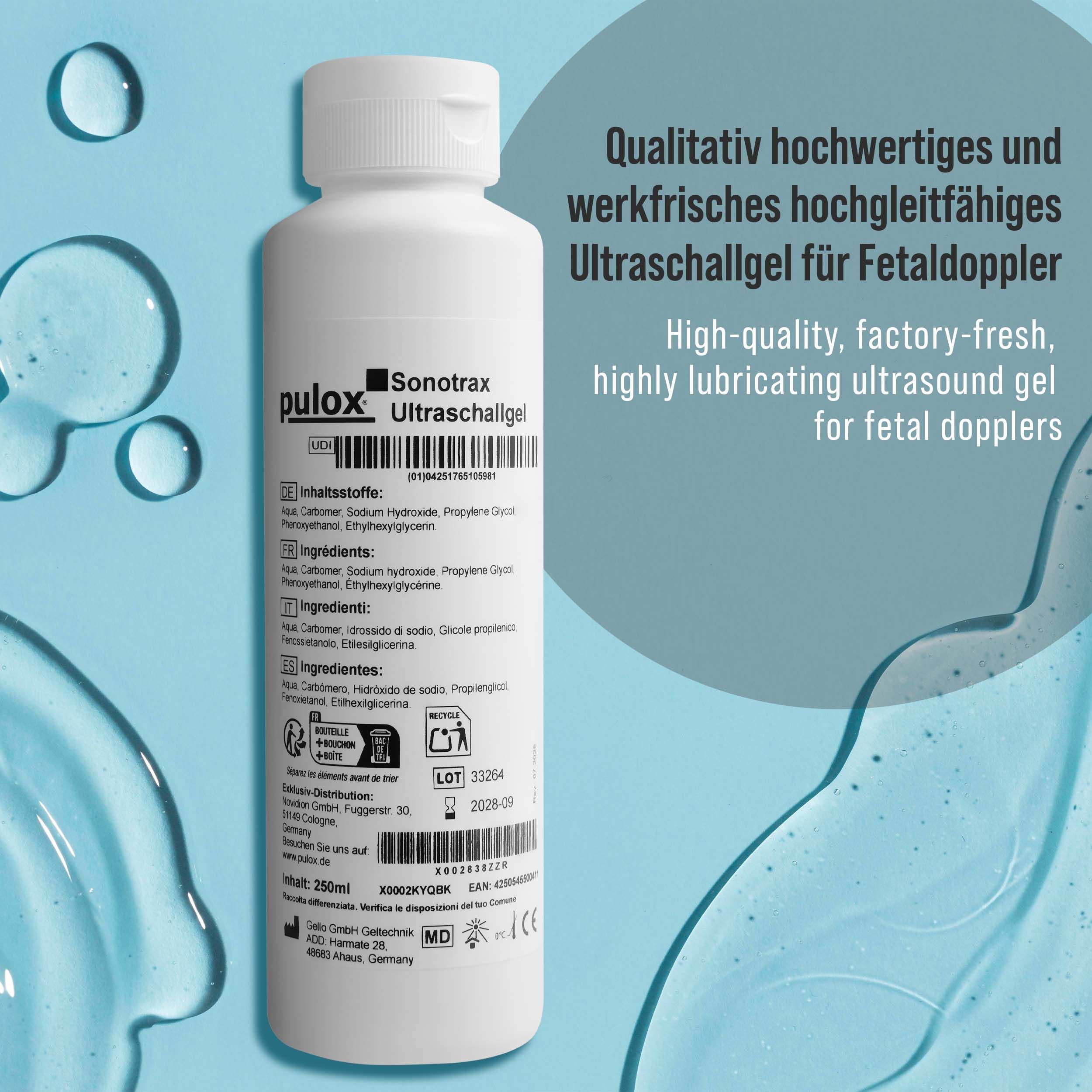 Weiße Flasche Pulox Sonotrax Ultraschallgel. Text: Qualitativ hochwertiges Ultraschallgel für Fetaldppler.