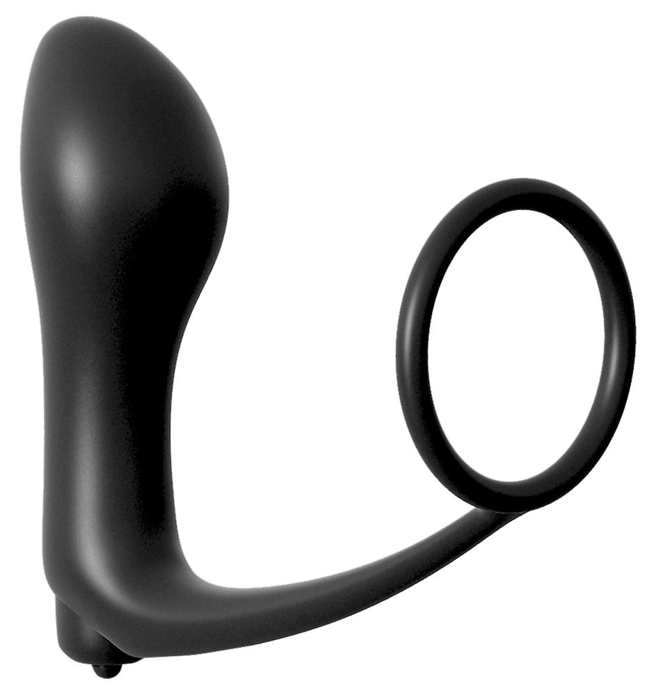 Schwarzes Cockring-Vibrator-Plug. Ringförmiger Cockring, verbunden mit einem gebogenen Schaft und einem abgerundeten Ende.