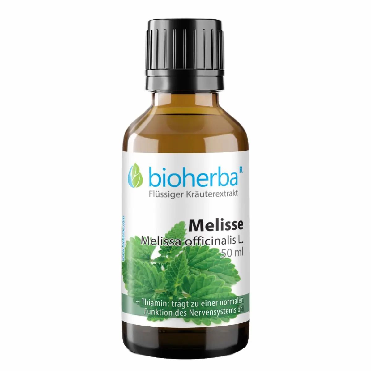 Braune Glasflasche mit schwarzem Deckel. Etikett mit Produktname Melisse, Kräuterabbildung und Herstellerlogo.