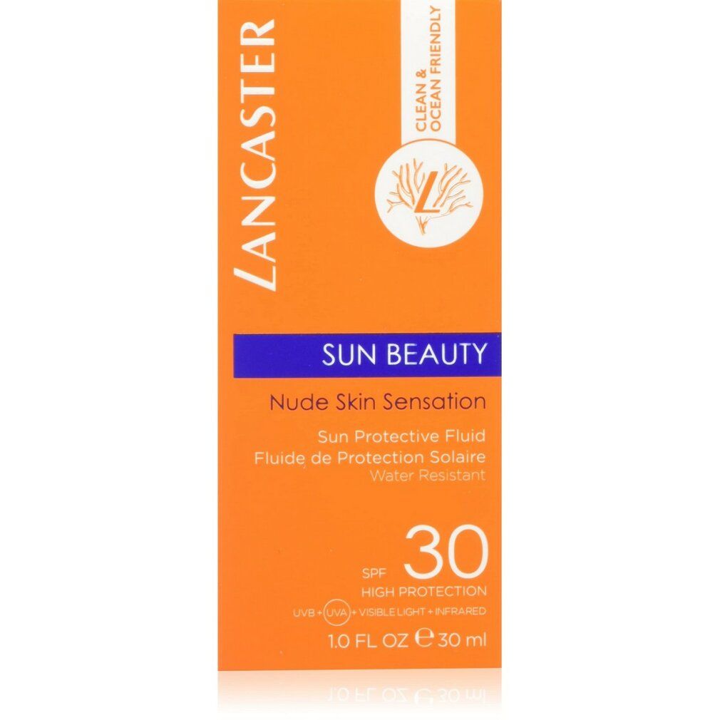 Orangefarbene Schachtel mit Aufschrift: Lancaster SUN BEAUTY, Nude Skin Sensation, SPF 30. Vegan-Siegel. 10 FL OZ e 30 ml.