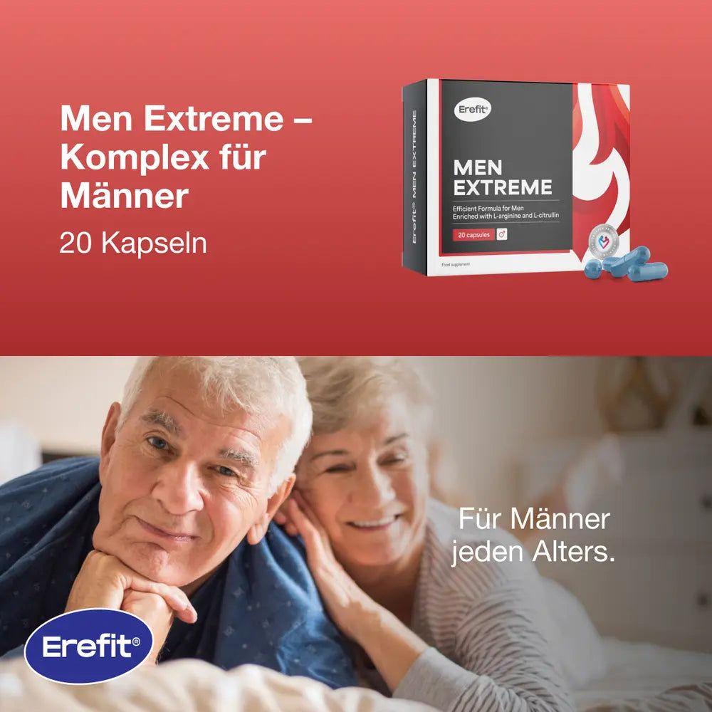 Erefit Men Extreme. Produktverpackung. Text: Men Extreme - Komplex für Männer. 20 Kapseln. Für Männer.