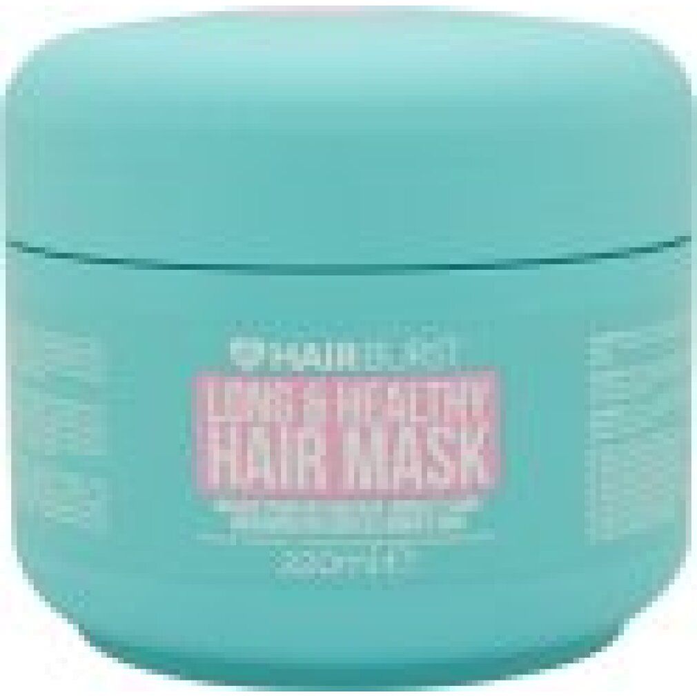 Türkiser Haarpflegebehälter mit rosa Etikett für "Hairburst Long & Healthy Hair Mask", 220ml.