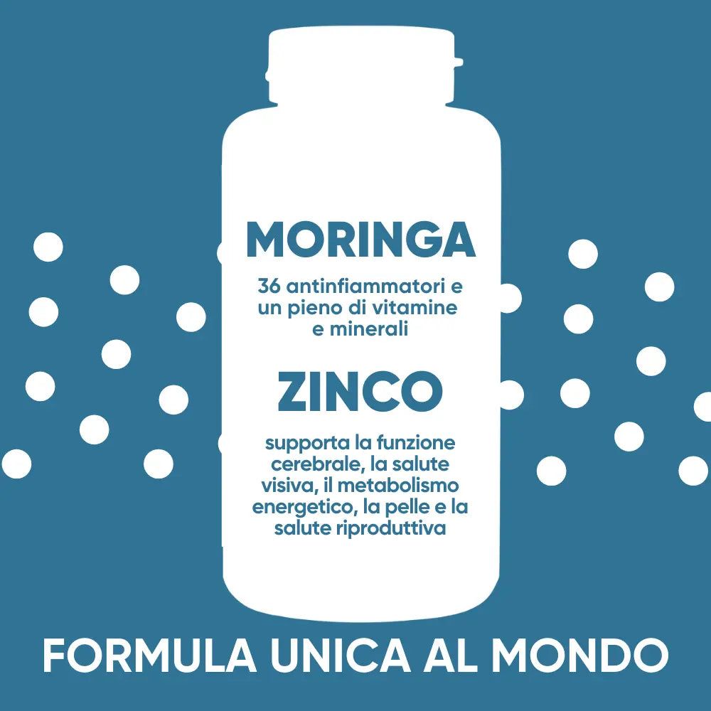 Weiße Flasche mit Moringa und Zink, 36 entzündungshemmende Mittel, Vitamine und Mineralien.