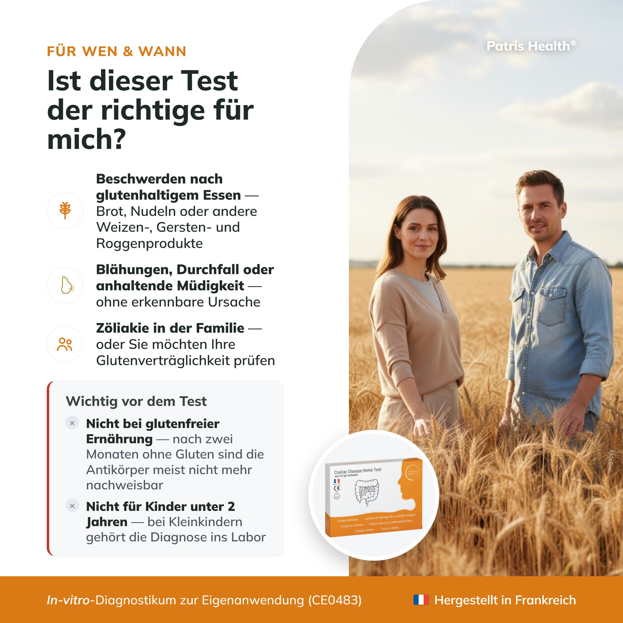 Paar in Feld hält Zöliakie Selbsttest-Box. Text erklärt, für wen der Test geeignet ist.