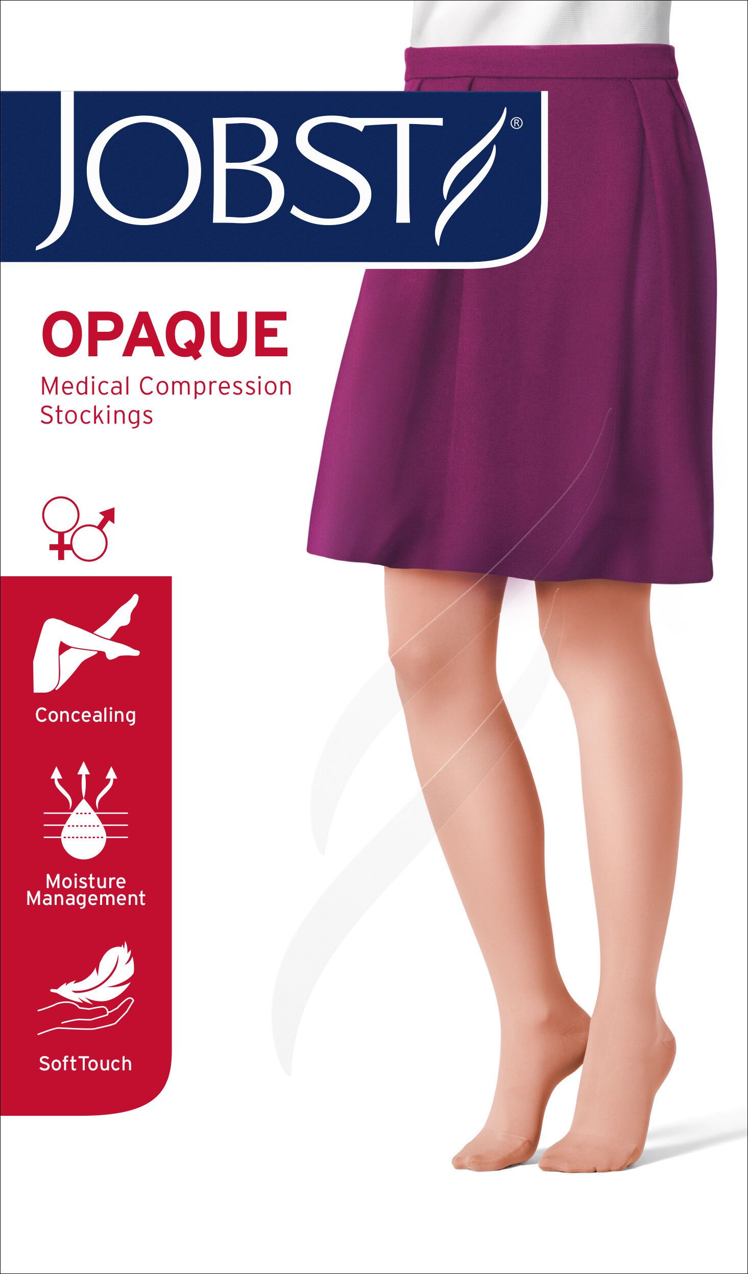 Verpackung von JOBST Opaque Medical Compression Stockings. Produktabbildung mit Bein. Text: Concealing, Moisture Management, Soft Touch.