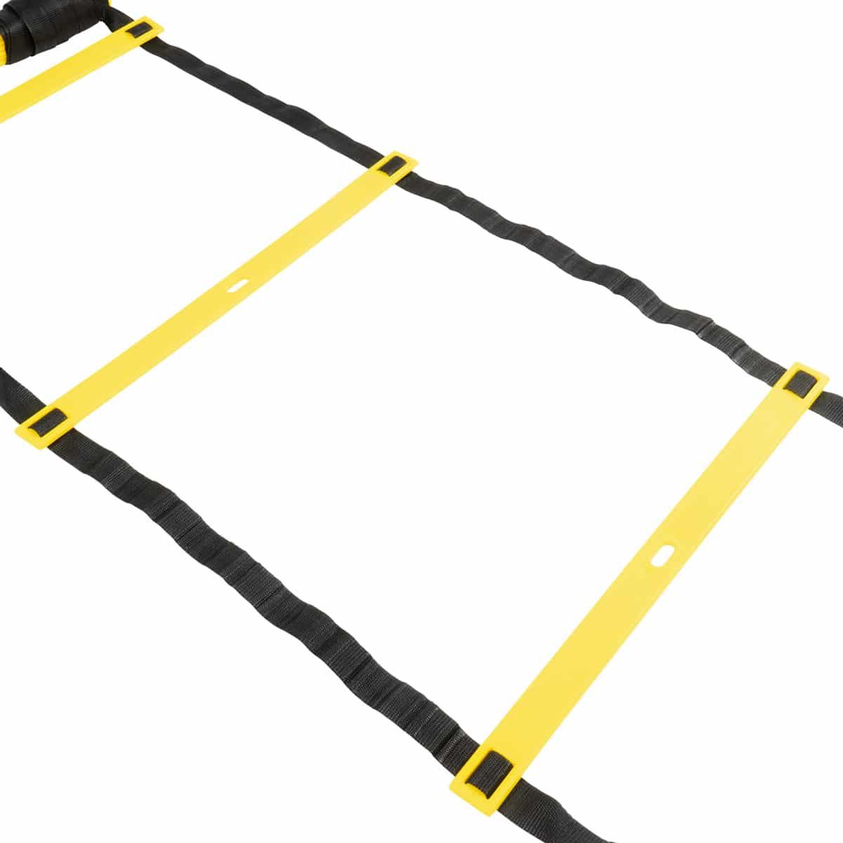 Gelbe Sprossenleiter mit schwarzen Gurten. Rechteckige Sprossen. Schwarzes Gurtband.