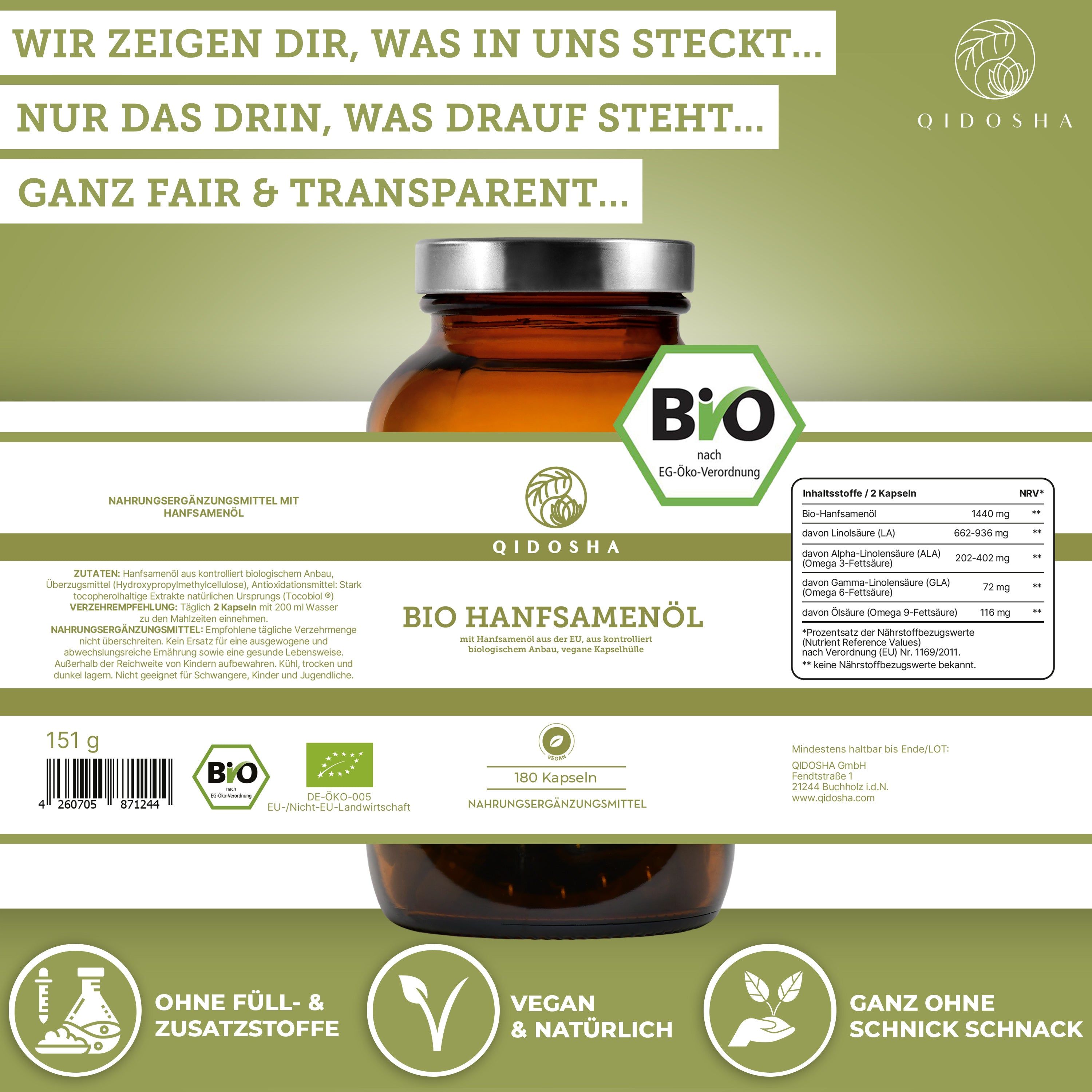 Qidosha Bio Hanföl: 151g, kaltgepresst, vegan, ohne Zusatzstoffe, aus Deutschland.