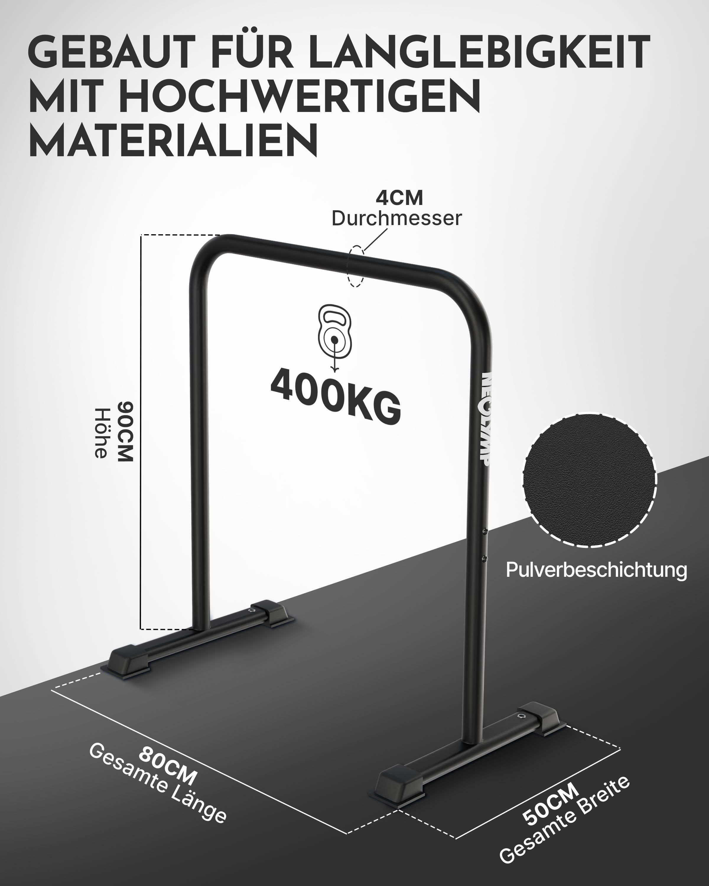 Schwarze Dip-Barren mit Maßen. 90cm hoch, 80cm lang, 50cm breit. 400KG Belastbarkeit. Marke NEOLYMP.