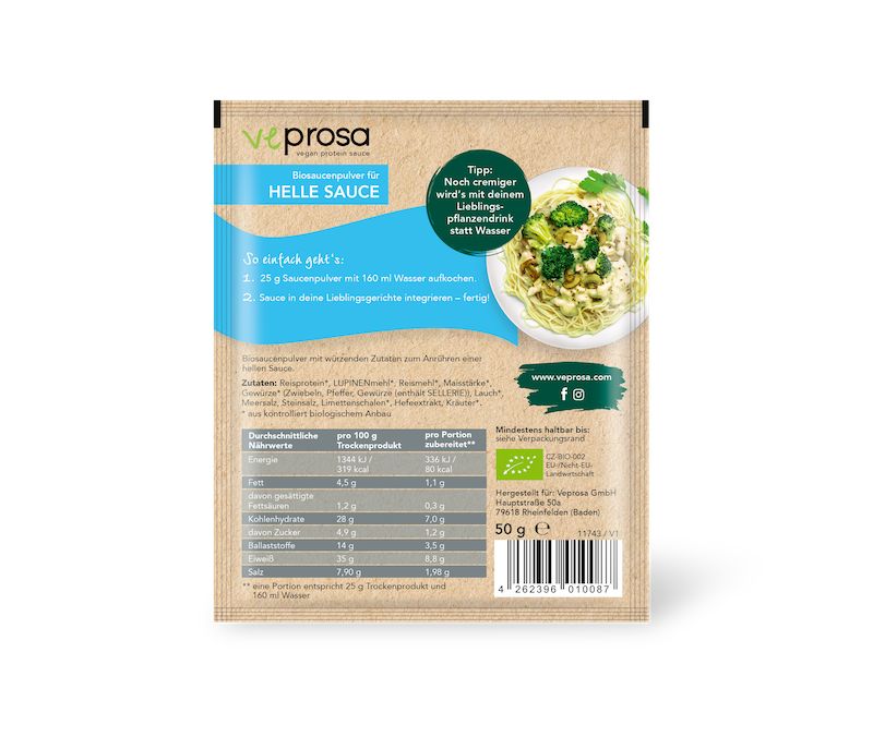 Rückseite der Verpackung VEPROSA Bio-Saucenpulver Helle Sauce. Enthält Nährwertangaben, Zutatenliste und Kontaktinformationen.