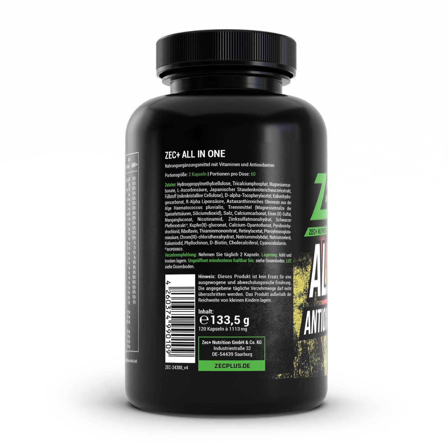 Rückseite der schwarzen Flasche. Grünes Etikett mit Inhaltsstoffen und Herstellerinformationen. ZEC+ ALL IN ONE ANTIOXIDANT & VITAMINS.