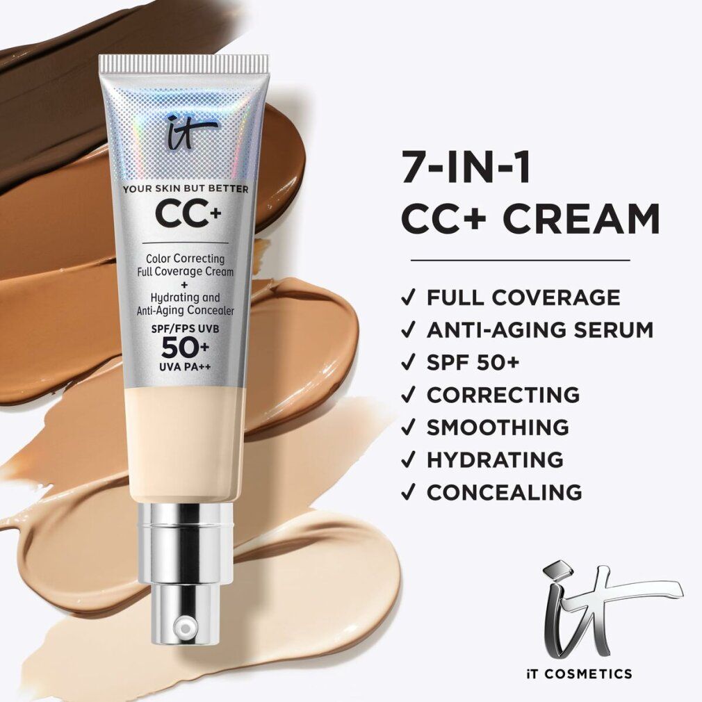 IT Cosmetics CC+ Creme-Tube. Text: CC+, SPF 50. Produkt und Farbtöne auf Untergrund. Aufschrift: 7-IN-1 CC+ CREAM.