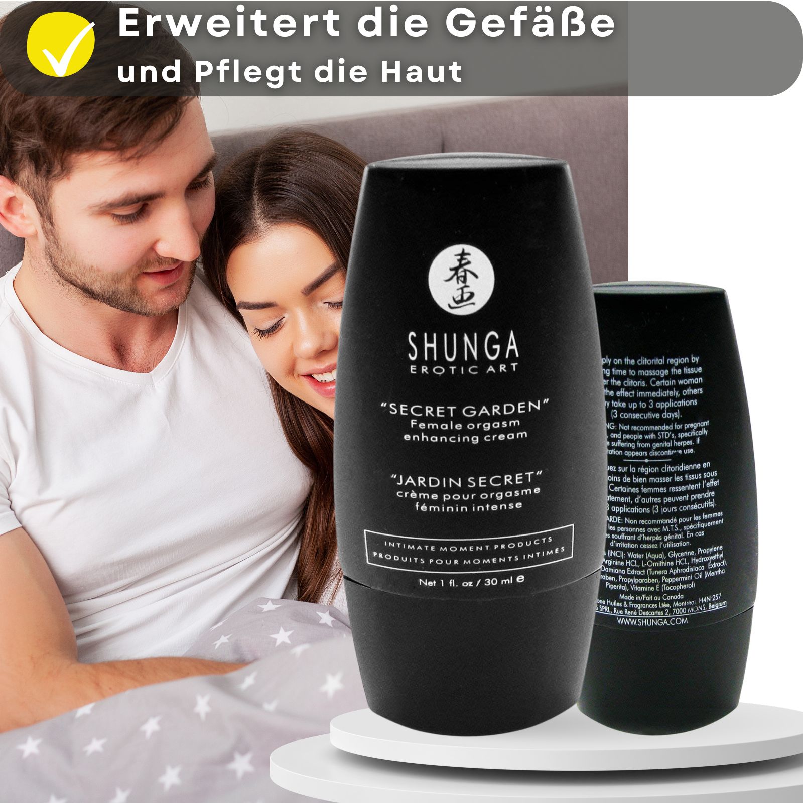 Produktflasche und Text. "Shunga Erotic Art" und "Secret Garden". 1 fl. oz / 30 ml.