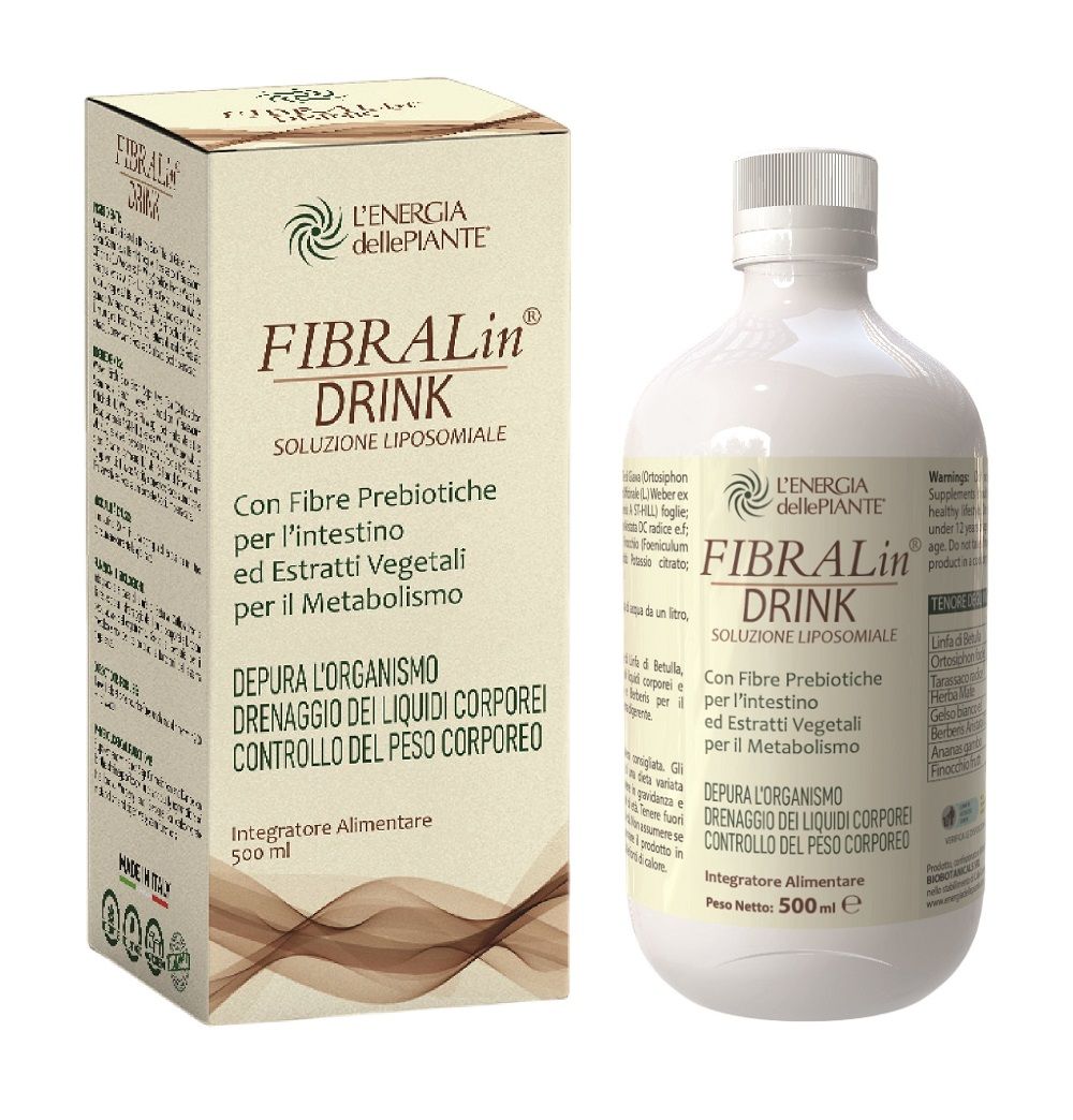 FIBRALin Drink. Bottiglia e scatola bianche. Testo: Soluzione Liposomiale, con fibre prebiotiche, per l'intestino, estratti vegetali.