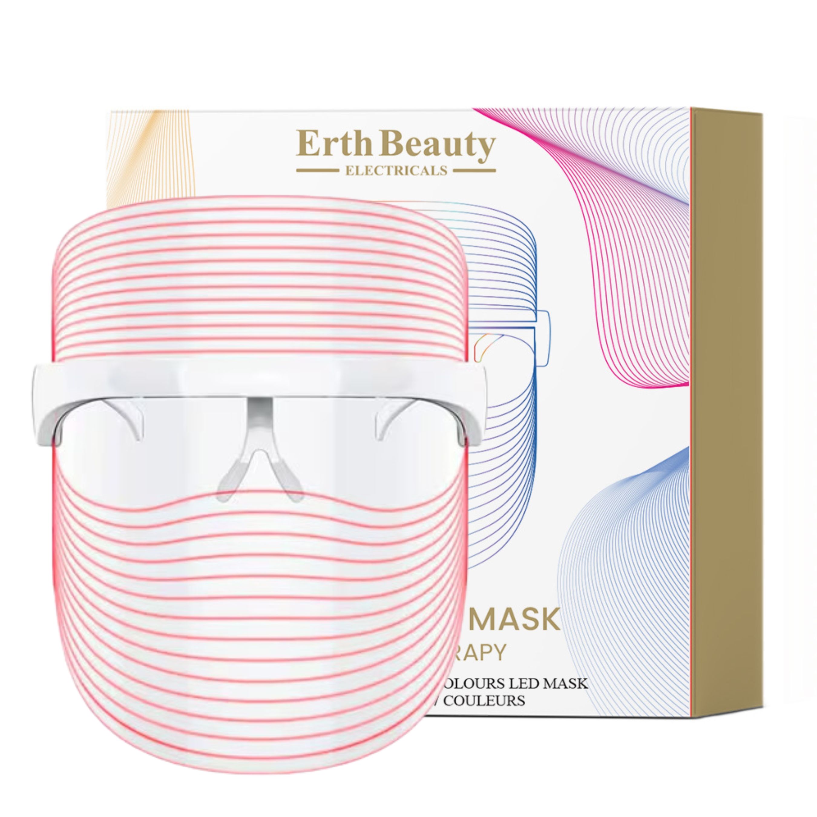 Erth Beauty Electricals LED Maske mit 7 Farben, auf einer rosa Bühne, mit Text über Hautpflege.