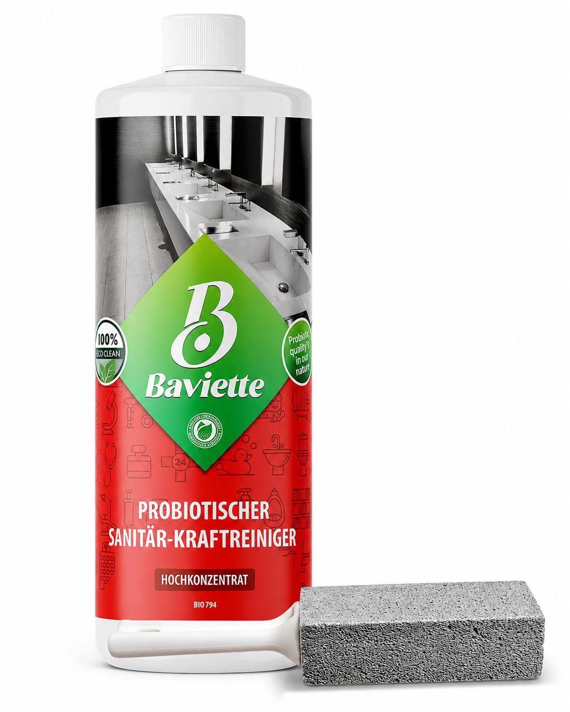 Baviette ProBio Clean - Probiotischer Sanitär-Kraftreiniger Konzentrat inkl. Bimsstein 1000 ml