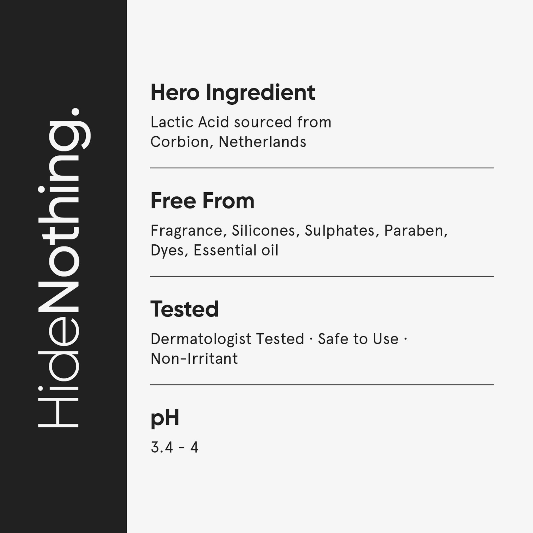 Zone de texte avec informations. Contient : Ingrédient principal, Sans, Testé, pH. Acide lactique de Corbion, Pays-Bas.