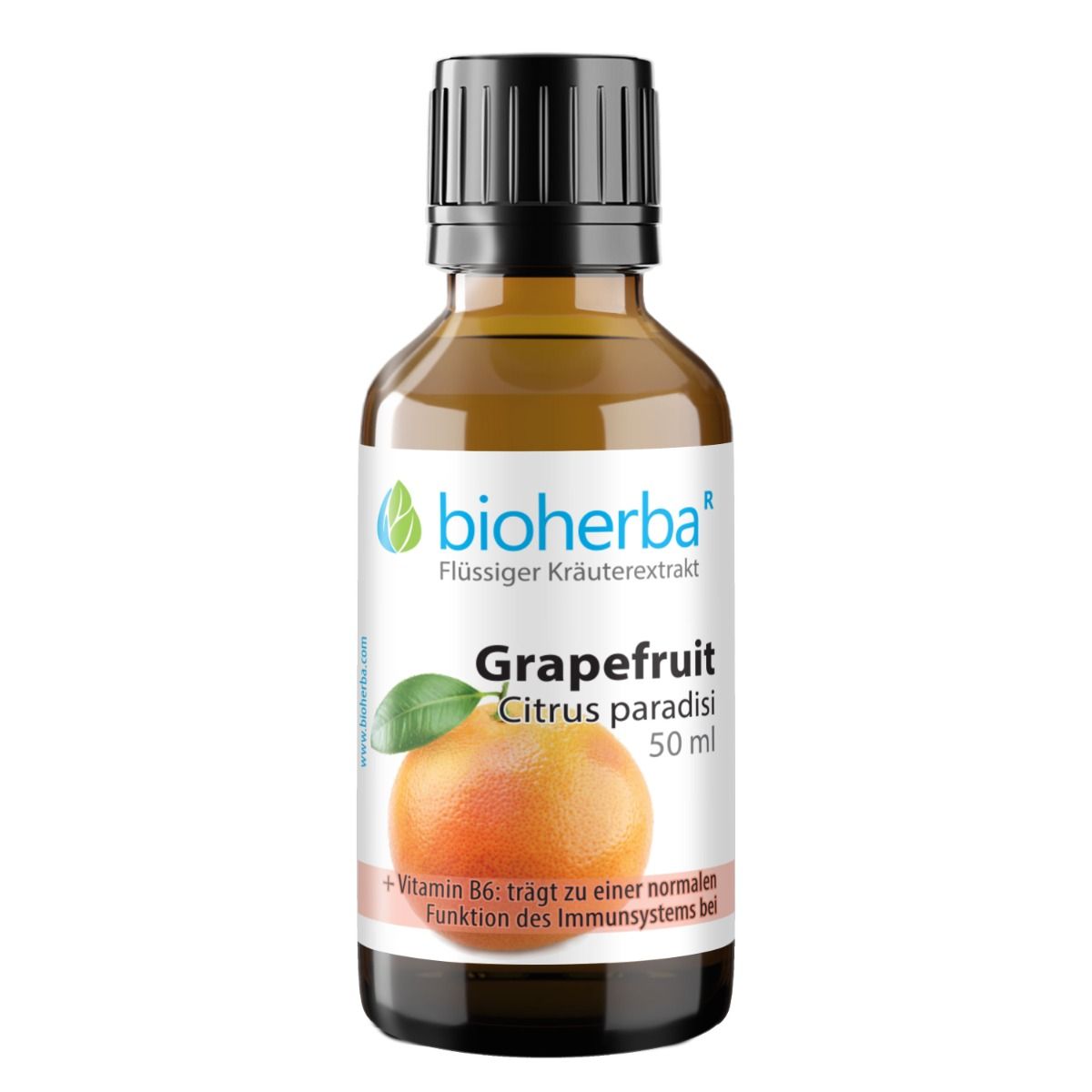 Braune Glasflasche mit schwarzem Deckel. Bioherba Grapefruit Tinktur. Enthält Grapefruit-Extrakt, Vitamin B6. 50 ml.