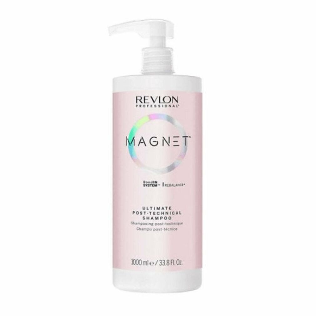 Shampoo-Flasche mit Pumpe, rosa Etikett mit "MAGNET" und "REVLON PROFESSIONAL". Text: "Ultimate Post-Technical Shampoo".