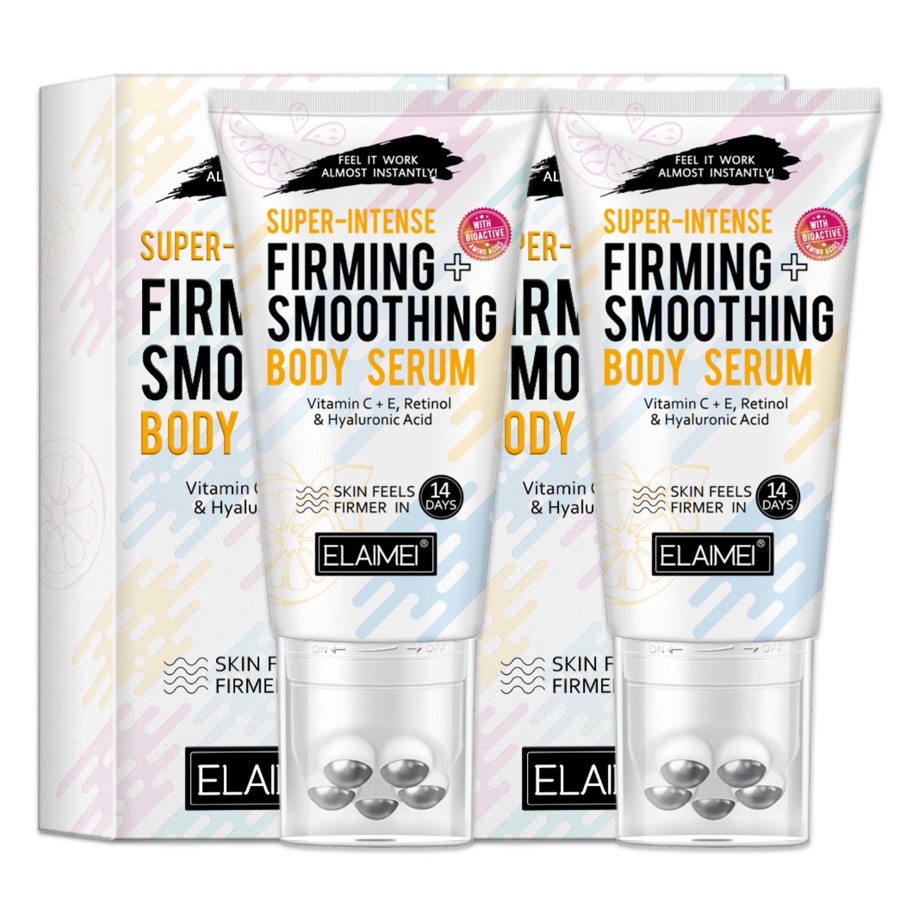 Mehrere Tuben Körperlotion mit Massage-Applikator. Aufschrift: Super-Intense Firming + Smoothing Body Serum. Marke: Elaimei.