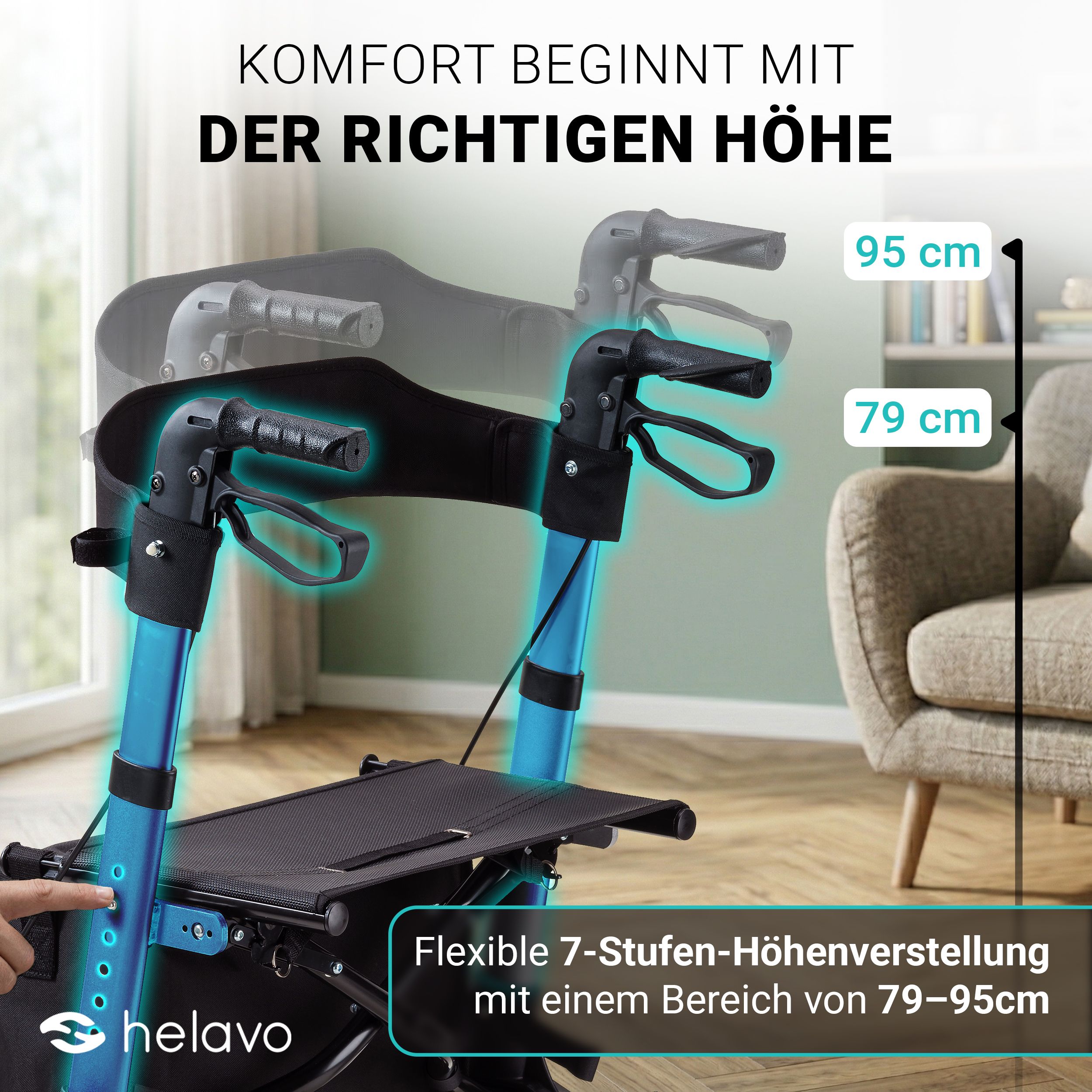 Helavo Aluminium Rollator faltbar mit Sitzfläche und Reisetasche leicht 8,3kg