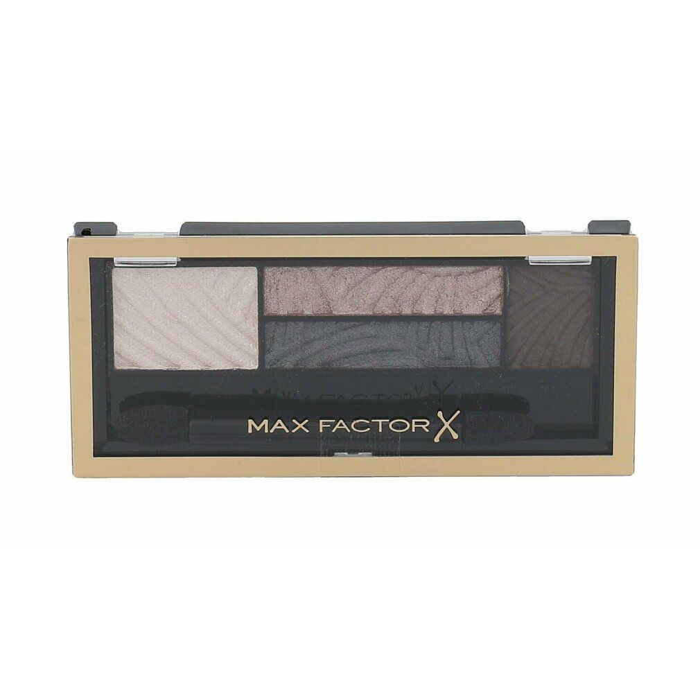 Lidschatten-Palette mit fünf Farbtönen und Applikator. Goldfarbene Umrandung, schwarzer Innenraum. Max Factor Logo.