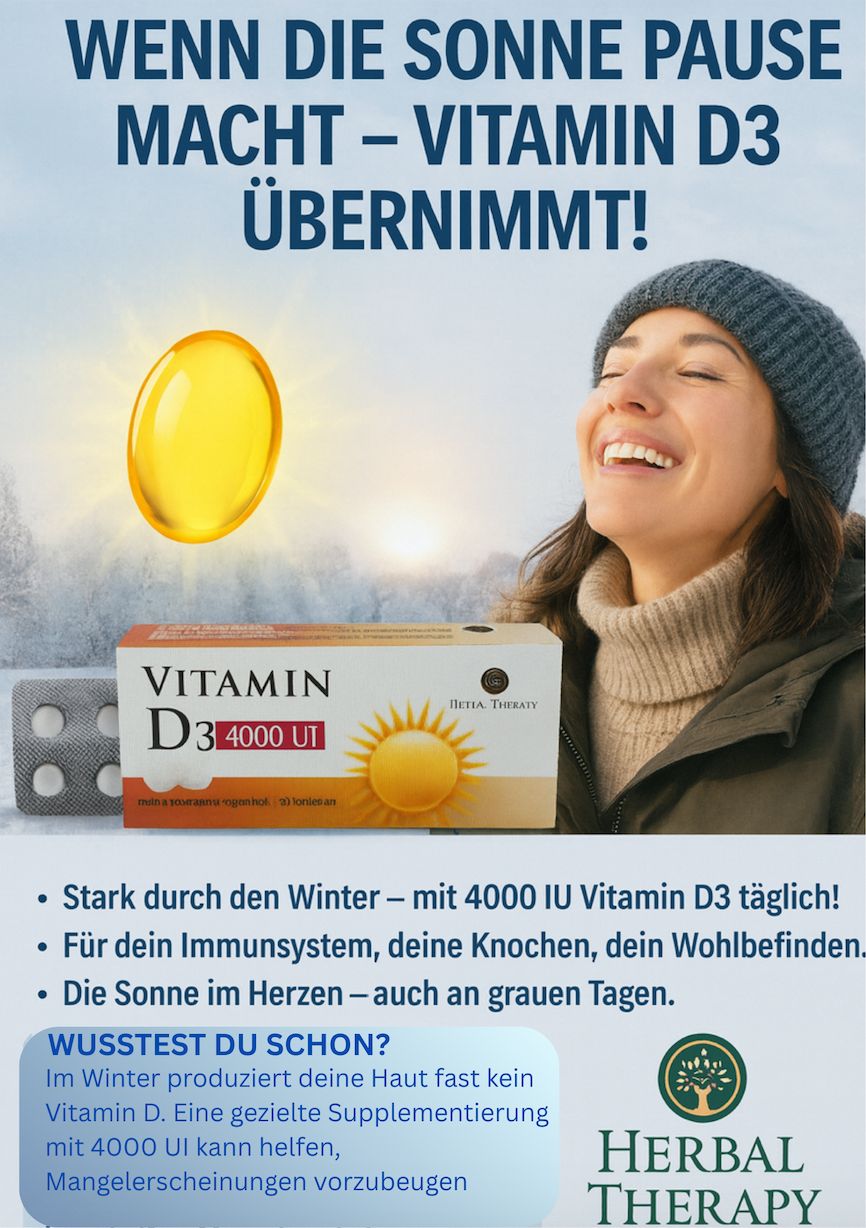 Werbebild mit Frau und Vitamin D3 4000 UI Packung. Text: Wenn die Sonne Pause macht - Vitamin D3 übernimmt!