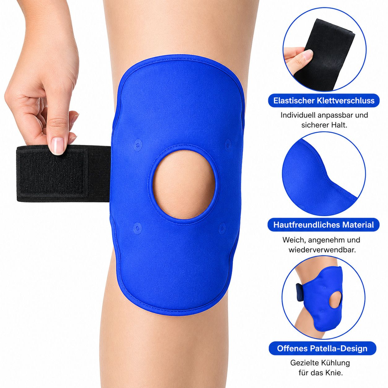 Blaues Kniepolster mit Patella-Aussparung und Klettverschluss.