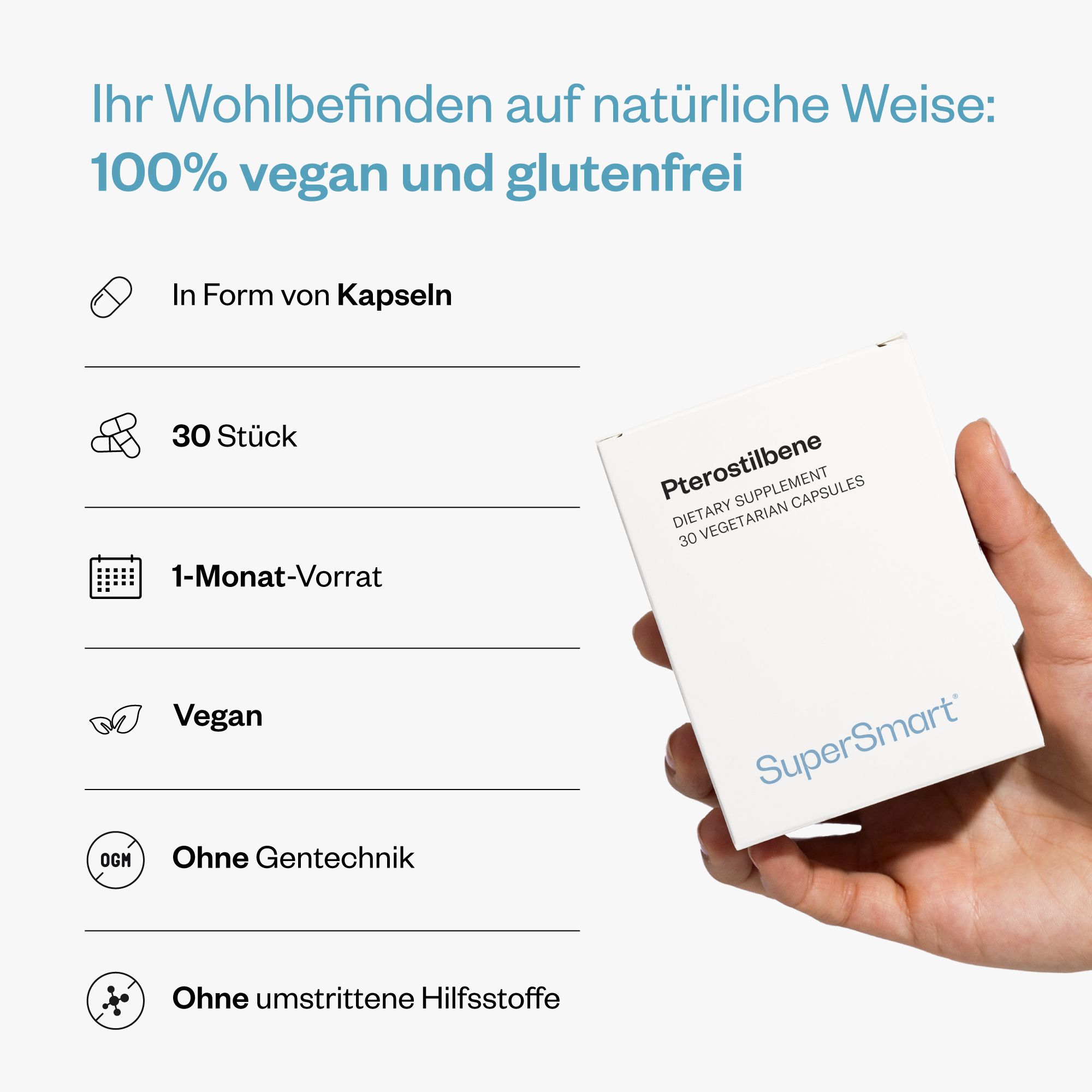Hand hält eine weiße Schachtel mit Pterostilben-Kapseln. Text: 100% vegan und glutenfrei. 30 Stück, 1-Monats-Vorrat. SuperSmart-Logo.