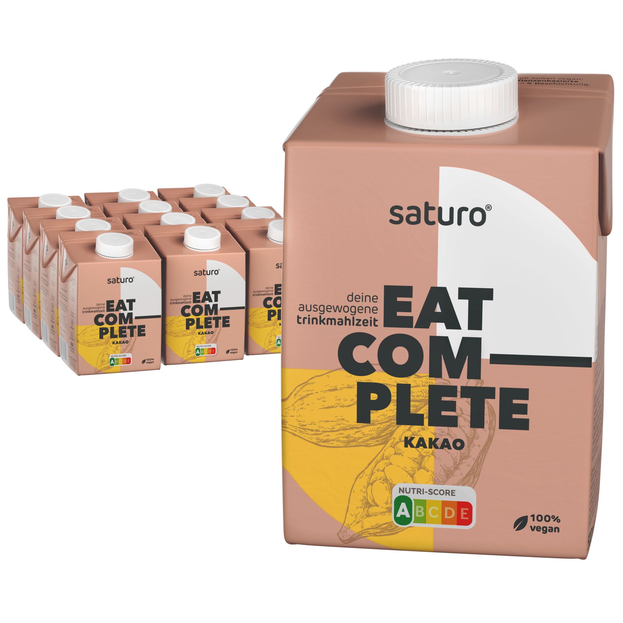 Mehrere Getränkepackungen. Aufdruck: "EAT COMPLETE KAKAO", "saturo", Nutri-Score-Label, "100% vegan".