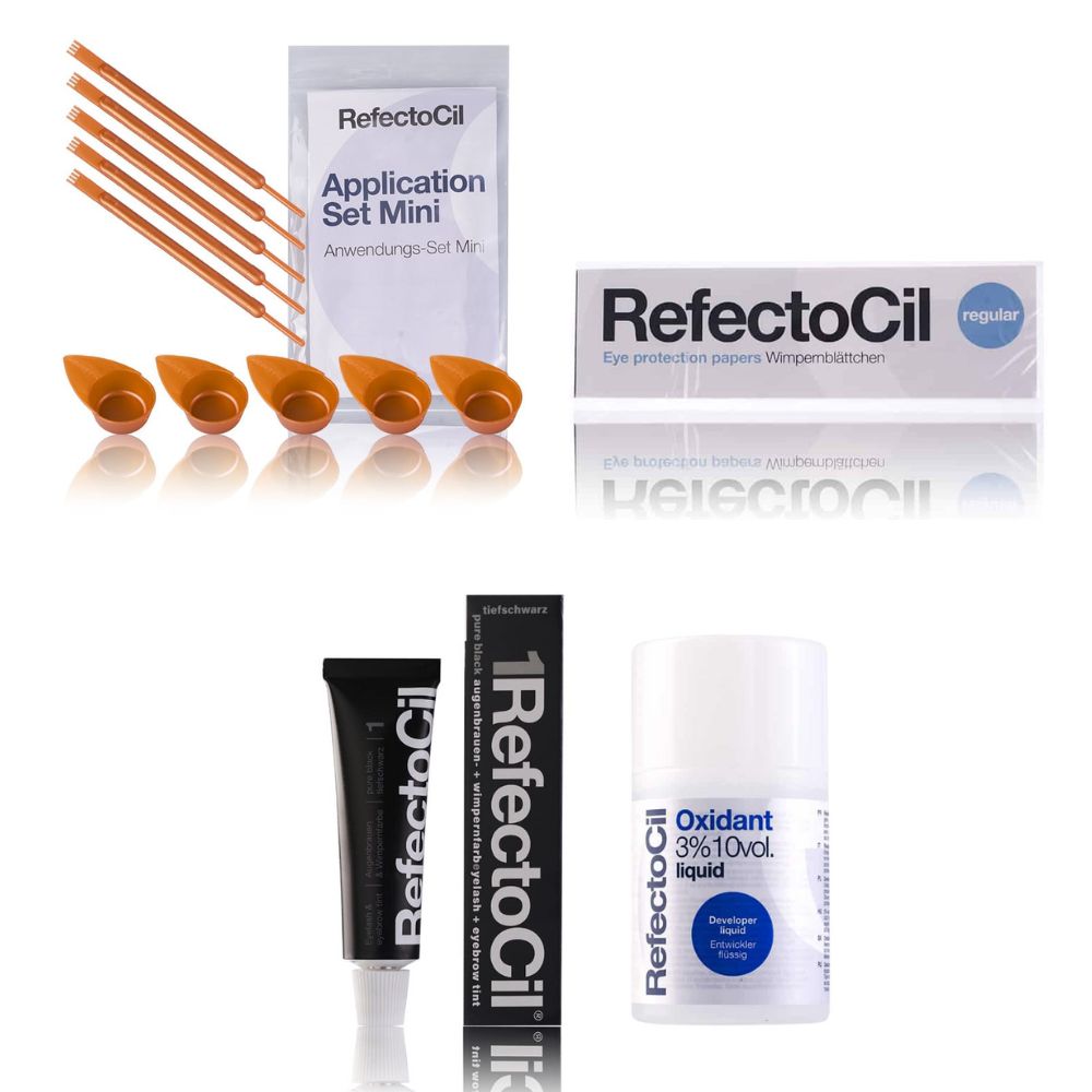 Refectocil Wimpernfarbe tiefschwarz 1 & Oxidant flüssig 3% Wimpernblättchen Mini-Anwendungs Set 15 ml Creme