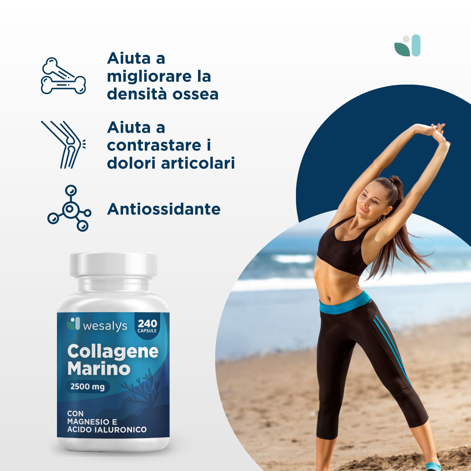Flacone del prodotto accanto a una donna che si allunga. Testo: Collagene Marino, 2500 mg, 240 capsule. Aiuta i dolori articolari.