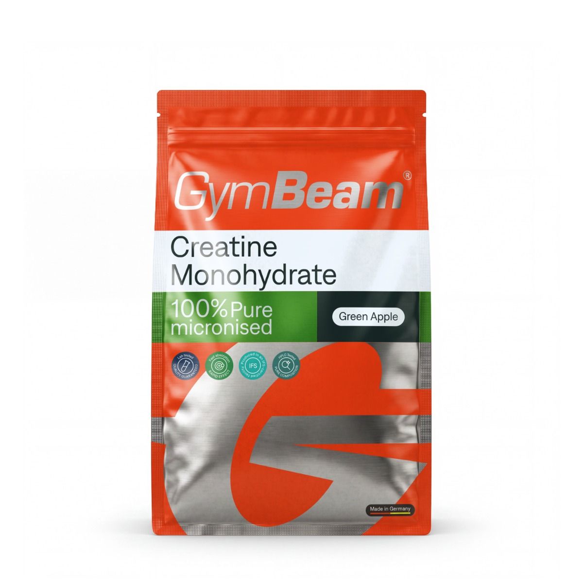 GymBeam Kreatin Monohydrat Pulver in grüner Apfelgeschmack. Orange-silberne Verpackung mit Produktinformationen und Siegeln.