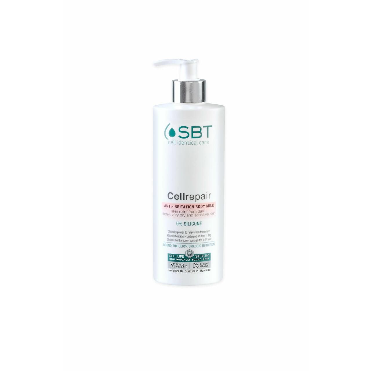 Weiße Flasche mit Pumpe. Aufschrift: SBT cell identical care, Cellrepair Anti-Irritation Body Milk. 0% Silicone. Für empfindliche Haut.