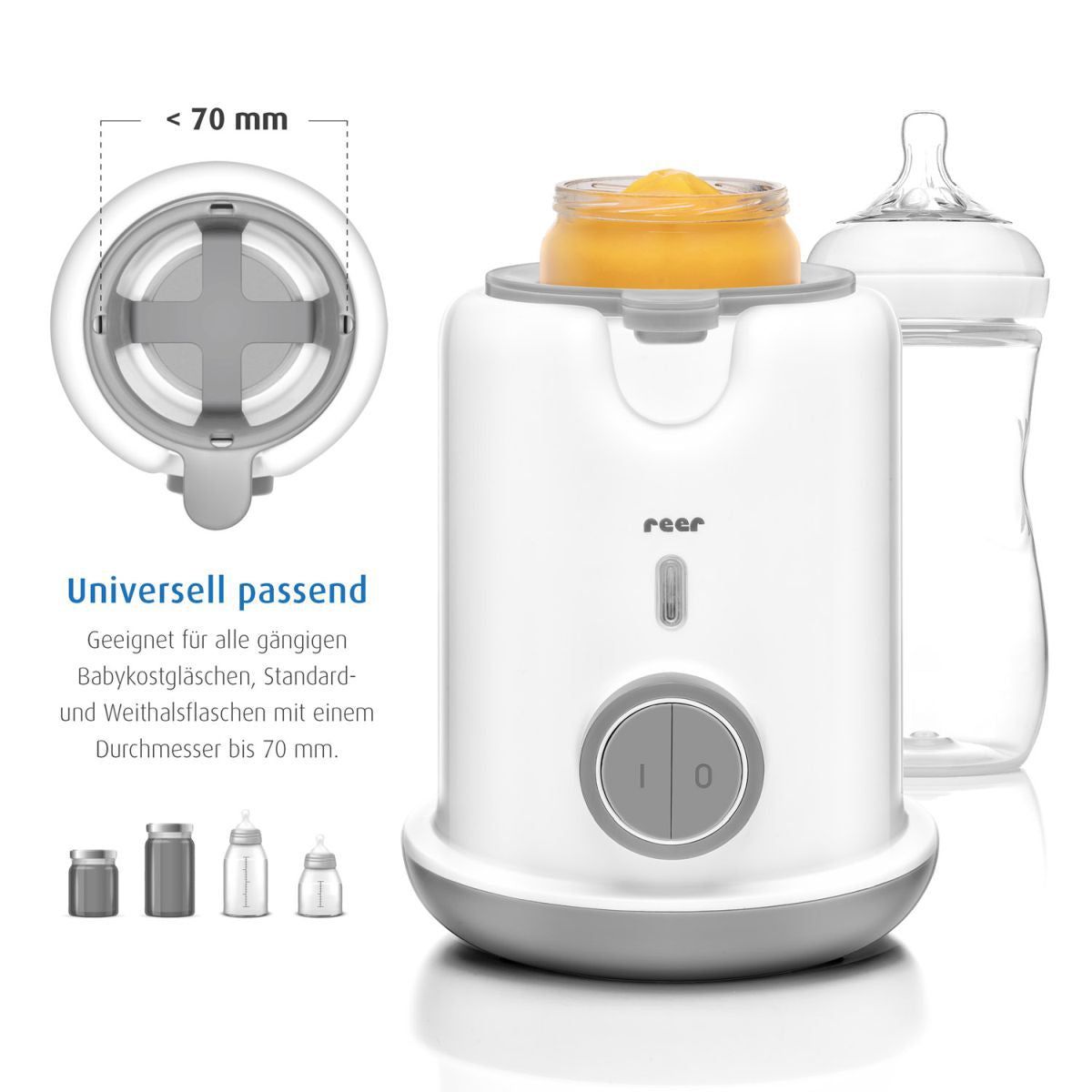 Babykostwärmer mit Gläschen und Flasche. Durchmesser bis 70 mm. Marke: reer.