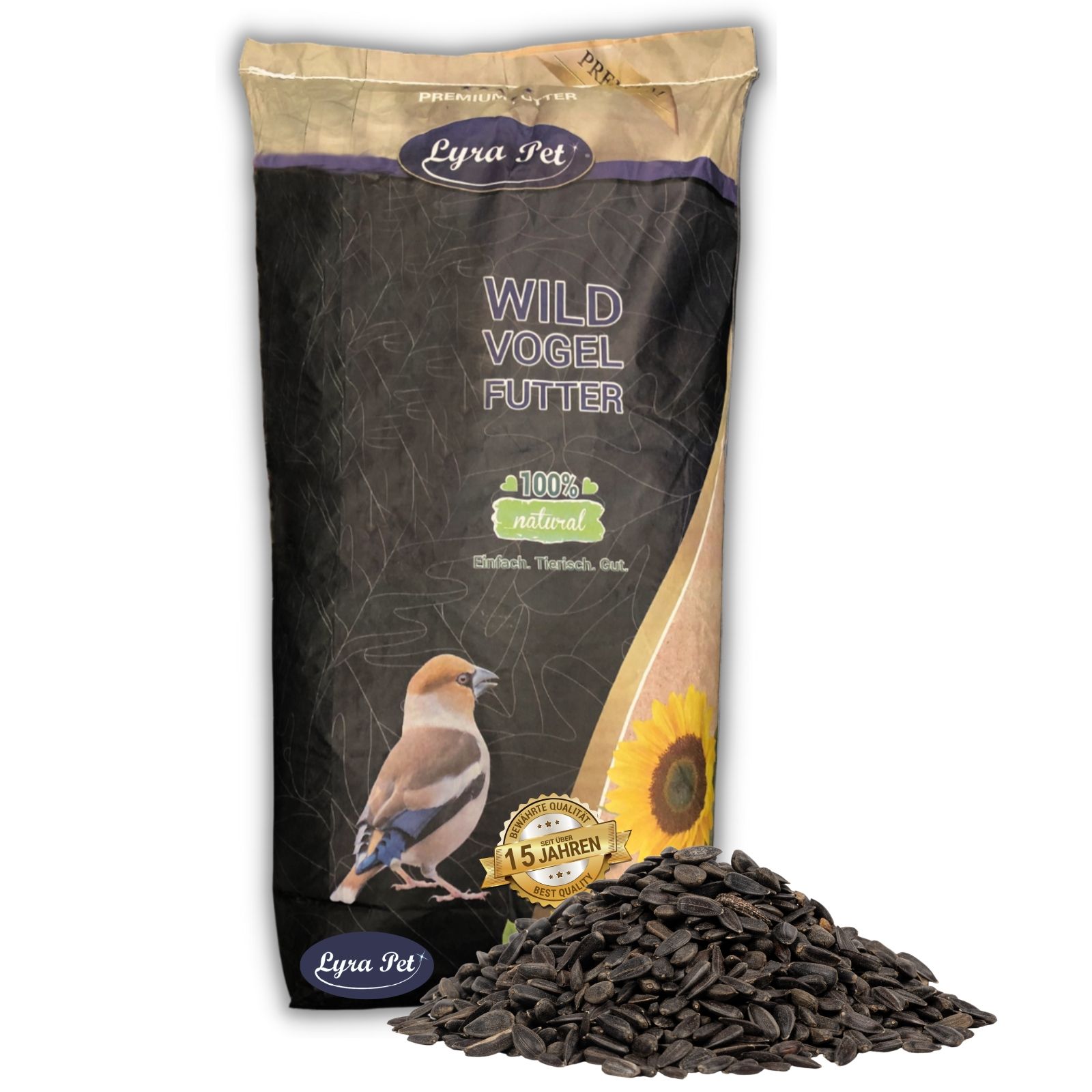 Tüte mit Vogelfutter 'Lyra Pet Wild Vogelfutter', daneben ein Haufen Sonnenblumenkerne.