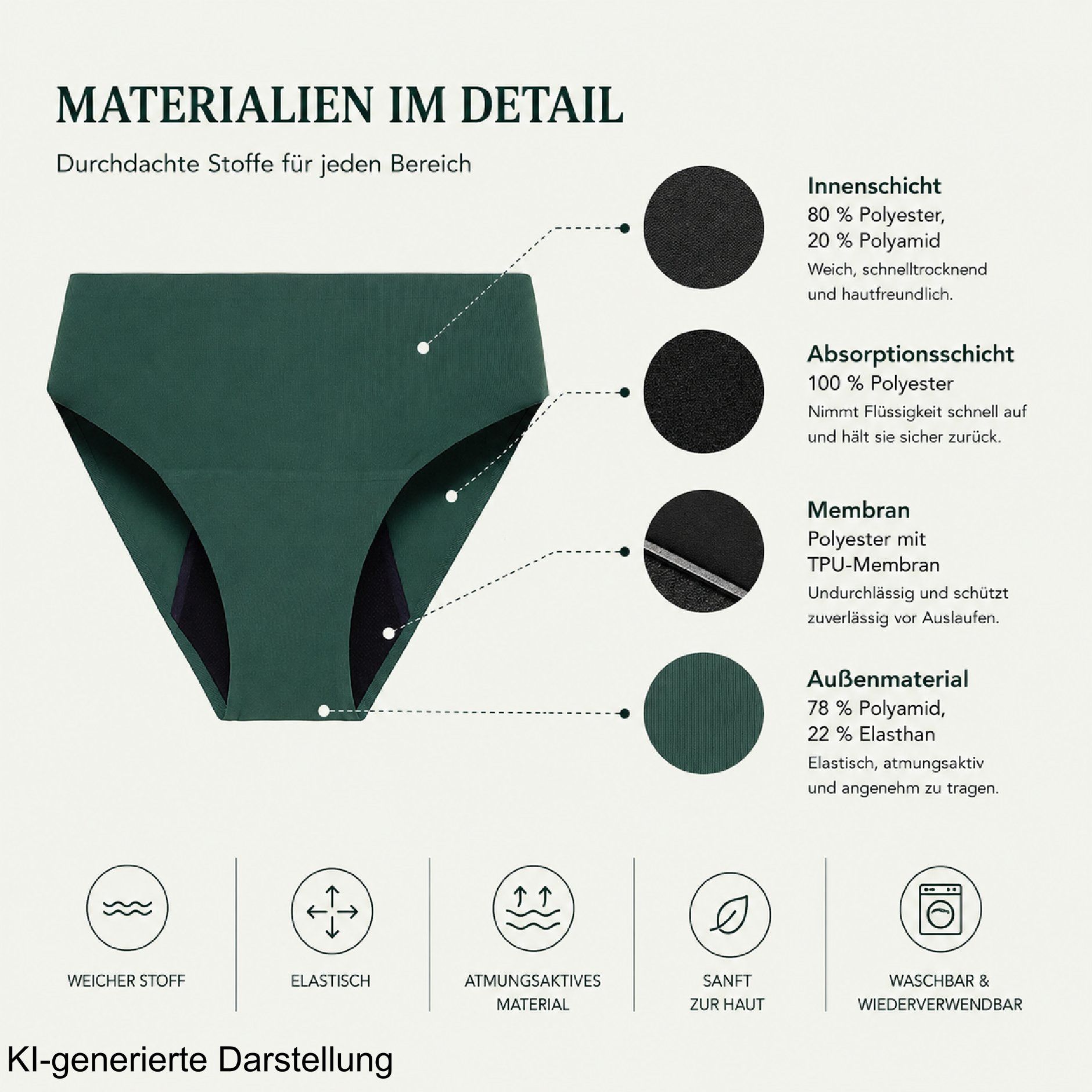 Materialdetails der grünen Periodenunterhose.