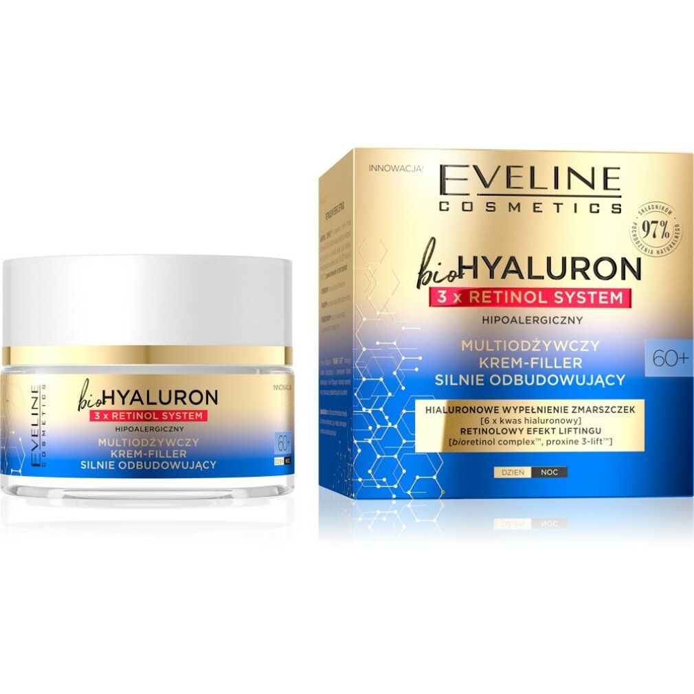 Creme-Tiegel und Schachtel. Aufschrift: Eveline bioHYALURON 3xRetinol System. 60+. Mehrfach nährende Creme-Filler. Starke Wiederherstellung.