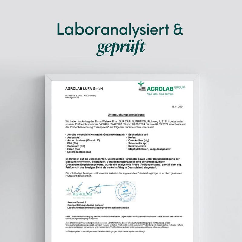 Laboranalyse-Zertifikat für Cari Nutrition Eisenpower, bestätigt Inhaltsstoffe.