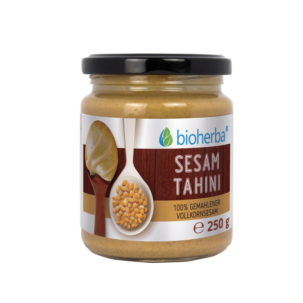 Glas mit Sesam Tahini. Etikett mit Logo, Produktname und Inhaltsangabe. Schwarzer Deckel. 250 g.