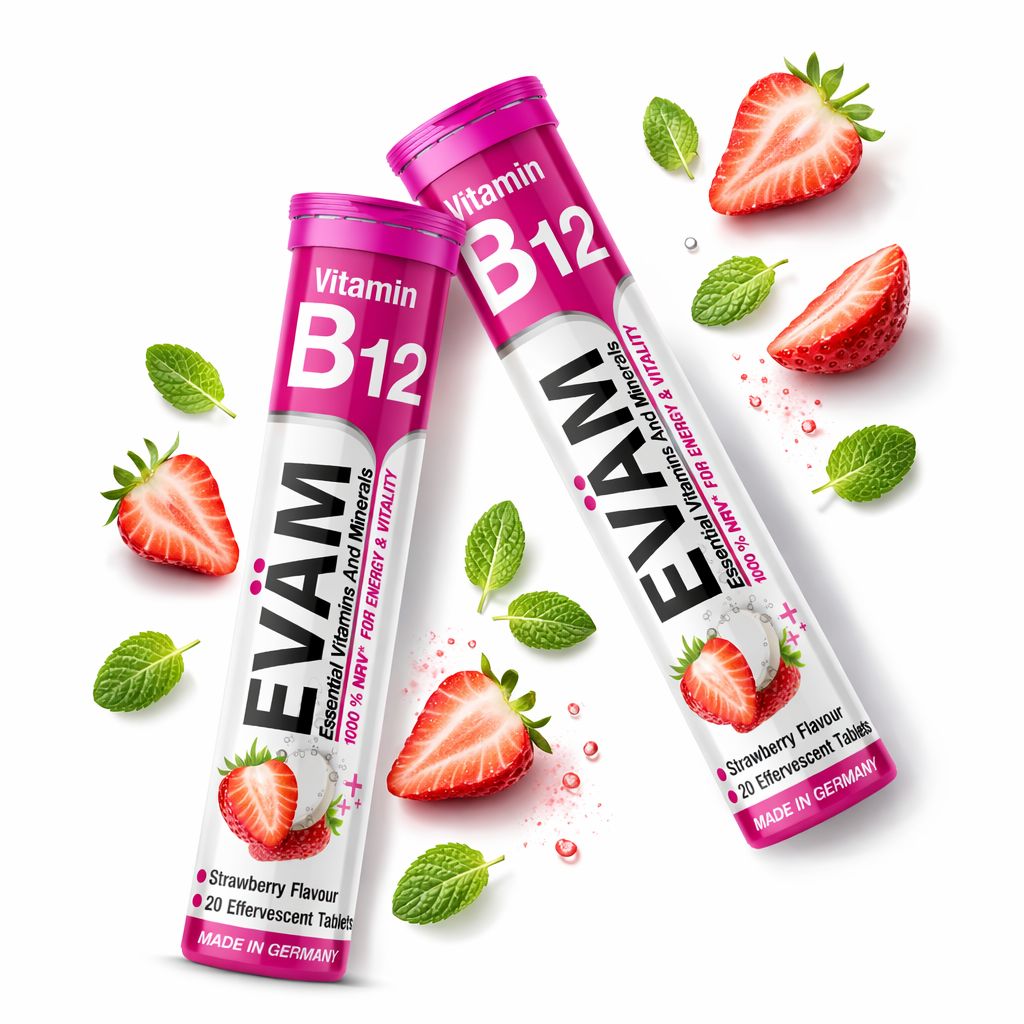Zwei Packungen EVÄM Vitamin B12. Erdbeeren und Minzblätter liegen verstreut. Aufschrift: Erdbeergeschmack, 20 Brausetabletten.