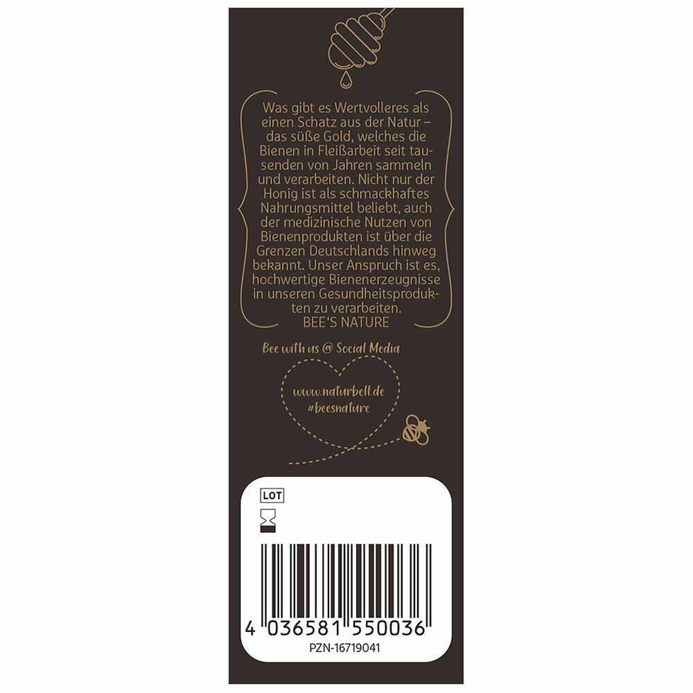 Schmale Kartonseite mit Text. Beschreibt die Vorteile von Honig und Bienenprodukten. Enthält einen Barcode und Kontaktinformationen.